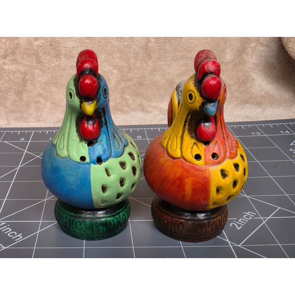 Vintage Hand Painted Ceramic Rooster Figurine Set Multi Color Farmhouse Decor